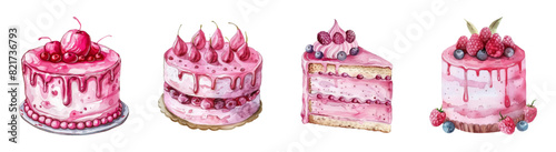 watercolor set of pink cakes png. Realistic pink cakes decorated with icing. A piece of cake on an isolated background. Vector illustration