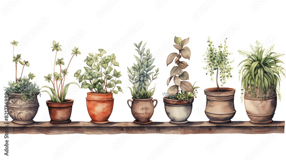 Collection of pot themed watercolor illustrations Collection of pot themed watercolor illustrations