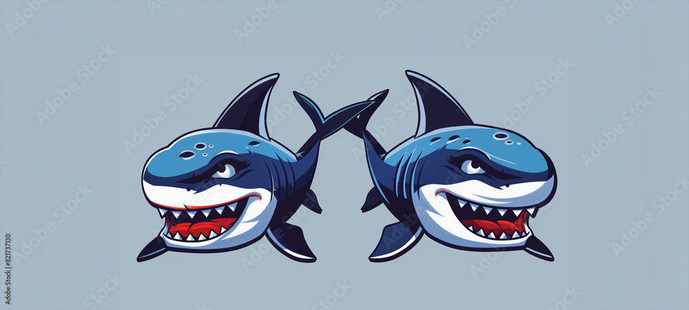 Two cartoon sharks with their mouths wide open and teeth showing. The
