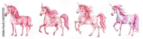 Set of watercolor realistic unicorns png. Hand drawn pink unicorns on isolated background. Elements for girlish designs. Vector illustration