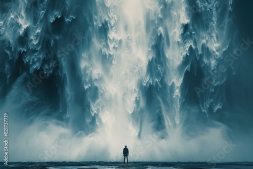 A person stands at the base of a massive icy waterfall, dwarfed by the immense structure. The water's turbulent motion contrasts with the stillness of the observer, who is unidentifiable from behind.