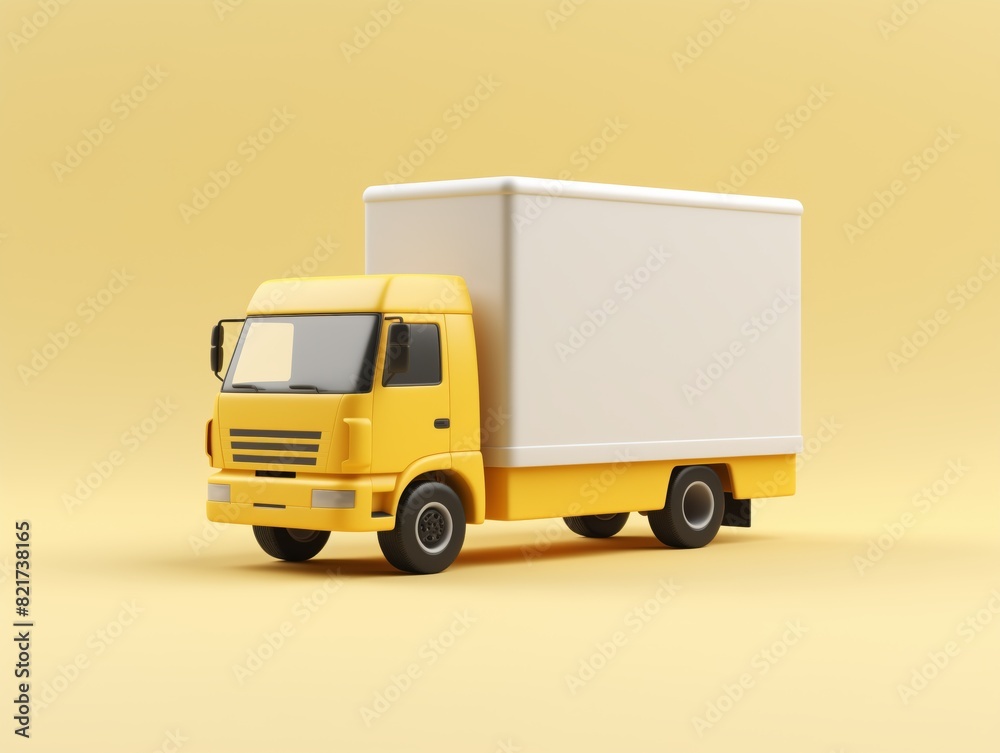 3d style simple illustration feature delivery truck, minimal pastel yellow background, white truck, delivery and logistics concept 3d style simple illustration feature delivery truck, minimal pastel yellow background, white truck, delivery and logistics concept