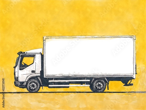 watercolor style delivery truck; minimal yellow color background, white truck