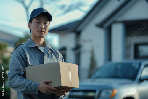 Handsome asian man in gray uniform holding blank cardboard parcel, delivery man standing in front of the house