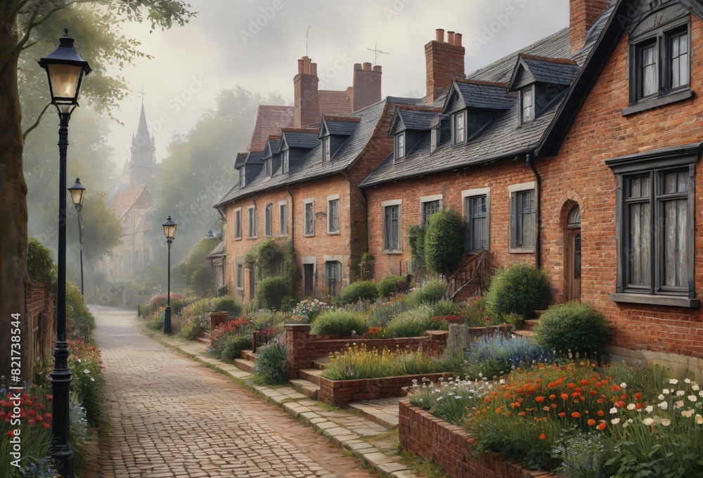 Village Scene with Cobblestone Street, Brick Houses, and Floral Gardens