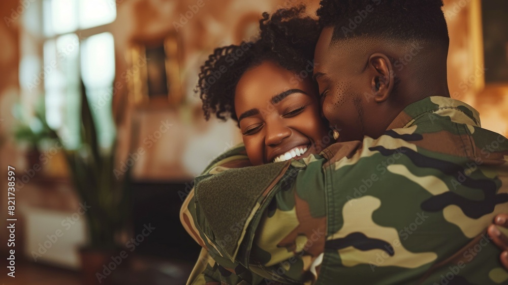 Fototapeta premium A man and woman are hugging each other in a living room