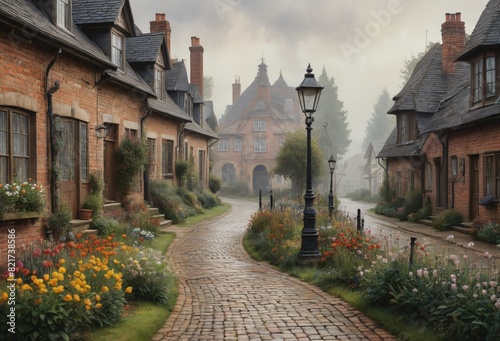 Artistic Rendering of a Cobblestone Street in a European Village