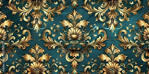 Ornate Teal and Gold Damask Seamless Pattern with Regal Floral Designs for Luxury Backgrounds and Textiles