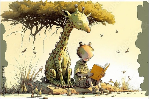 Boy reading book with giraffe under tree in nature photo