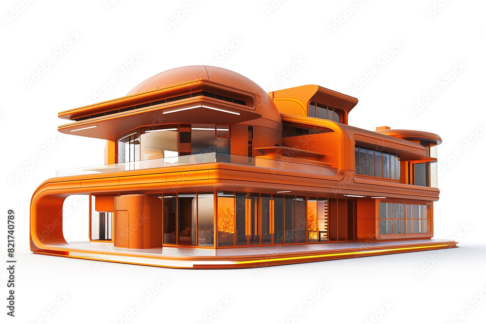 A burnt orange 3D-rendered modern American house with a futuristic design, including a domed roof and energy-efficient build, on a white background.