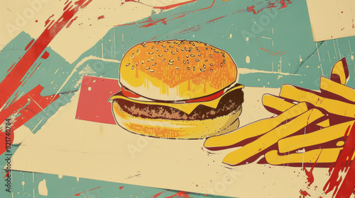 old fashioned hamburger and fries poster, advertising, retro colors, in the style of 1980s	 photo