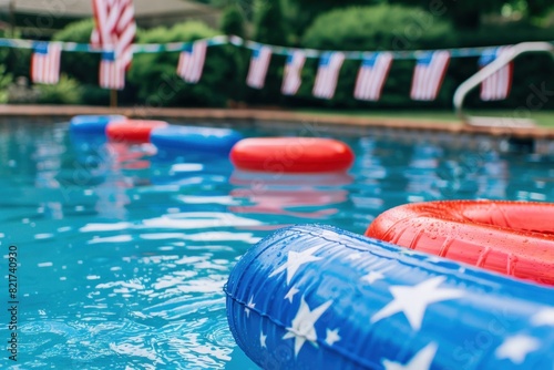 A pool decorated with American flag bunting and colorful pool floats creates a lively and inviting atmosphere for a festive celebration, capturing the spirit of summer and patriotism.