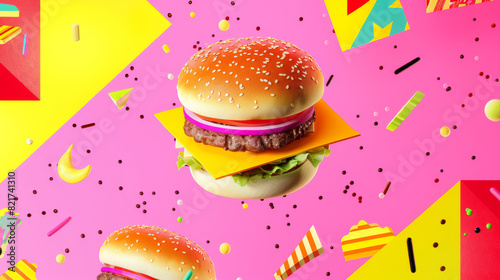 old fashioned hamburger and fries poster, advertising, retro colors, in the style of 1980s	