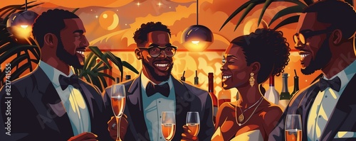 Toasting with champagne at office party. Black business people celebrating with champagne in an upscale bar, diverse backgrounds, joyful atmosphere
