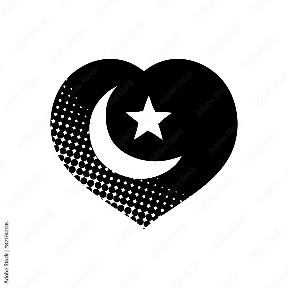 Crescent star inside heart shape black hand drawn icon in halftone texture style Crescent star inside heart shape black hand drawn icon in halftone texture style