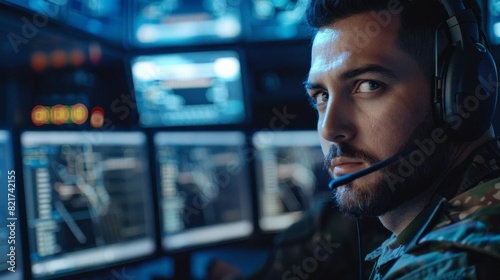A man wearing a headset is looking at a computer monitor © liliyabatyrova