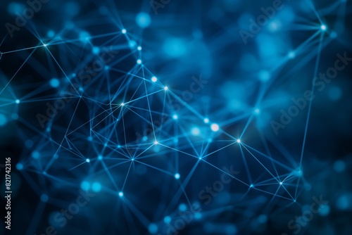 Network of interconnected lines and nodes on a blue bokeh background, symbolizing connectivity.