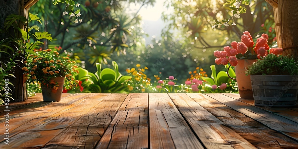 Fototapeta premium Rustic Wooden Table in Lush Garden Setting for Homely Product Display and Cozy Atmosphere