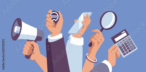 Metaphor with human hands holding megaphone, stopwatch, magnifying glass, calculator, smartphone. Marketing, business, advertising. Flat vector illustration