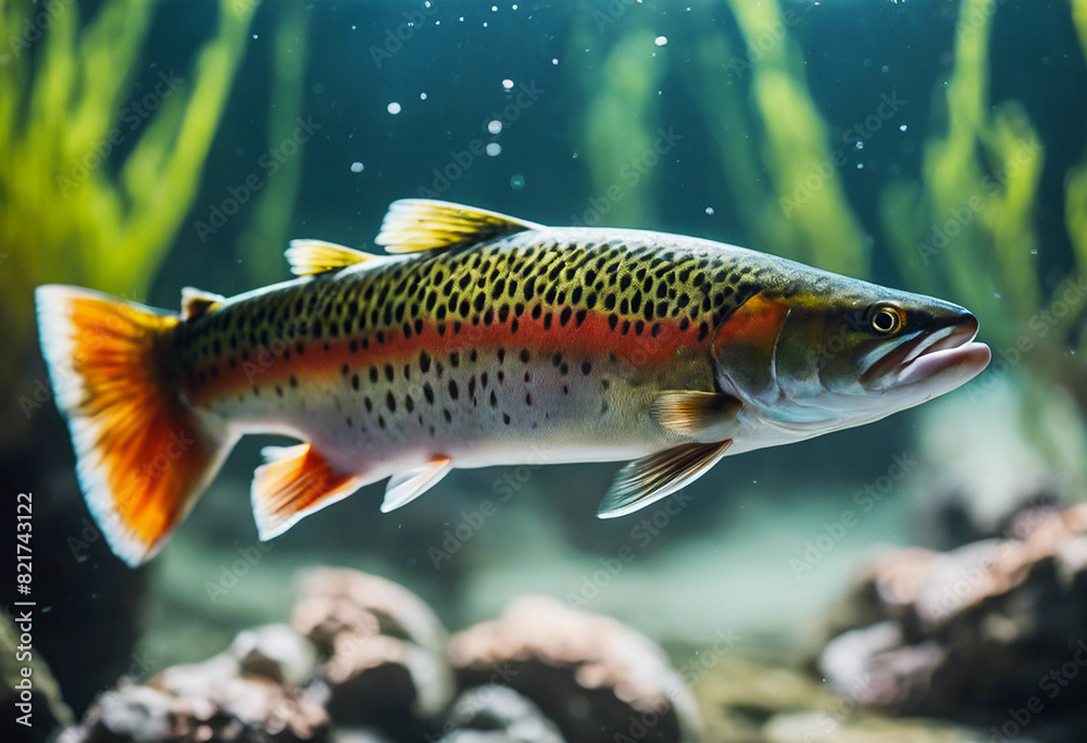 Close-up with a trout swimming underwater Close-up with a trout swimming underwater
