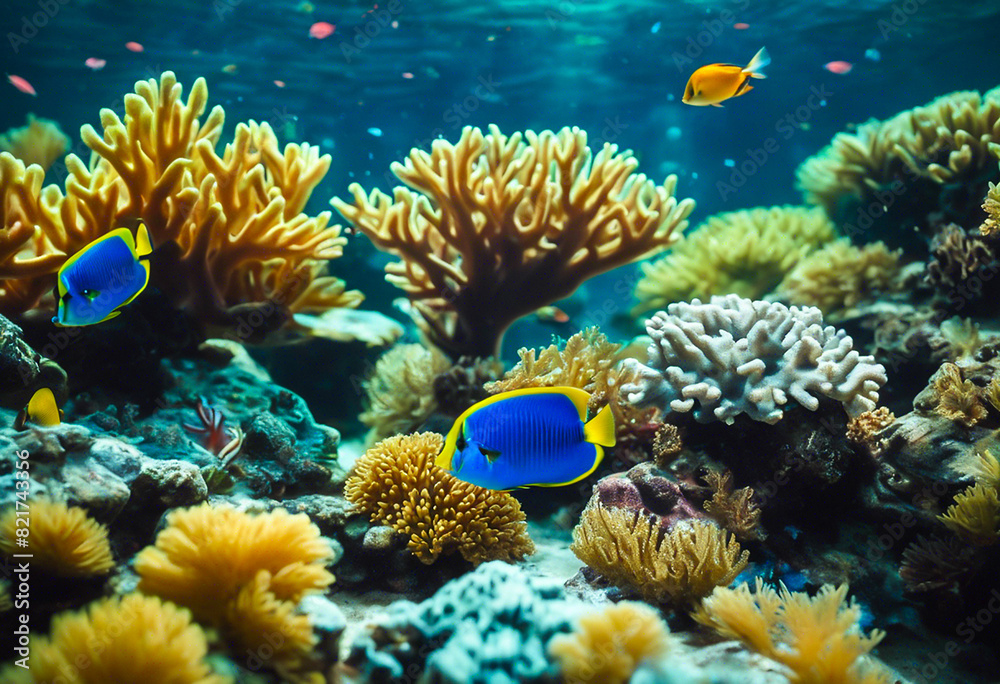 Underwater landscape with corals and fish