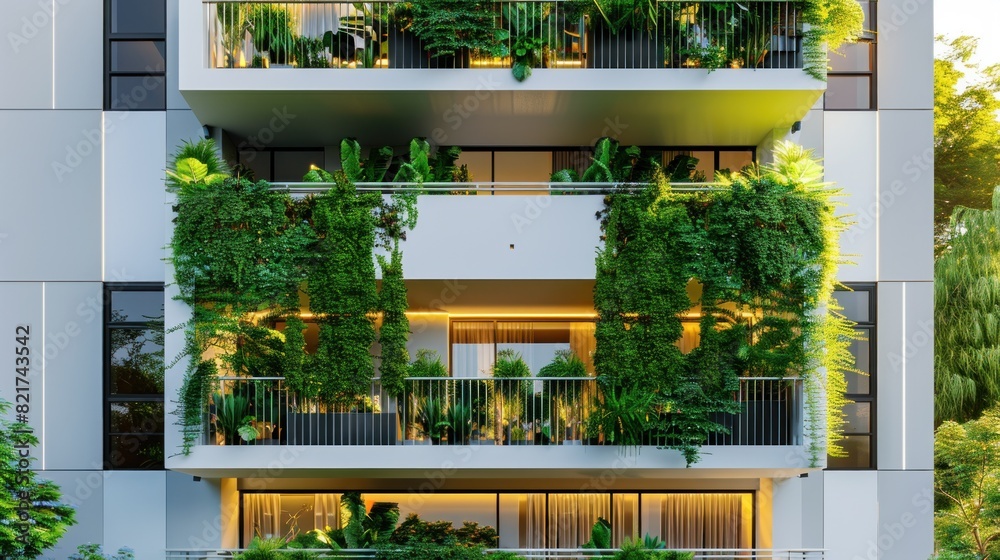 A modern white residential building adorned with green plant walls embodies the concept of sustainable living, promoting ecology and fostering a green urban environment. A modern white residential building adorned with green plant walls embodies the concept of sustainable living, promoting ecology and fostering a green urban environment.