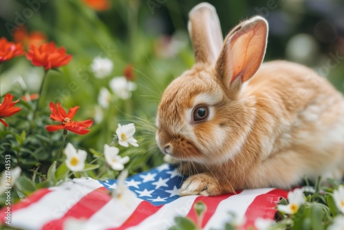 Cute rabbit on a patriotic flag among vibrant garden flowers, showcasing a playful and charming scene. 4th of July, american independence day, memorial day concept photo