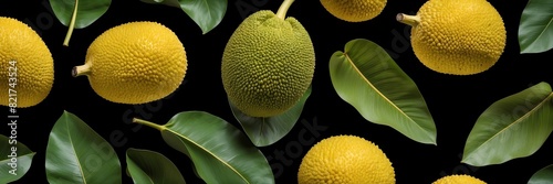 jackfruit fruits and leaves on plain black background from Generative AI