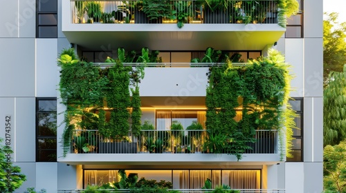A modern white residential building adorned with green plant walls embodies the concept of sustainable living, promoting ecology and fostering a green urban environment. © Sompoch