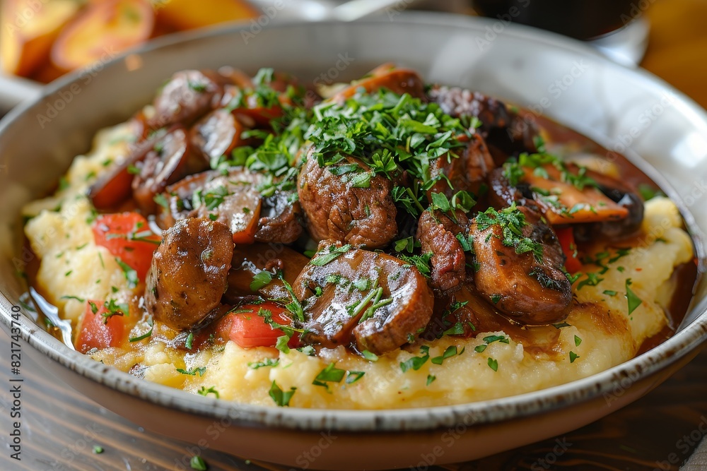 Polenta: Creamy polenta served with a rich meat or mushroom sauce, garnished with fresh herbs. 
