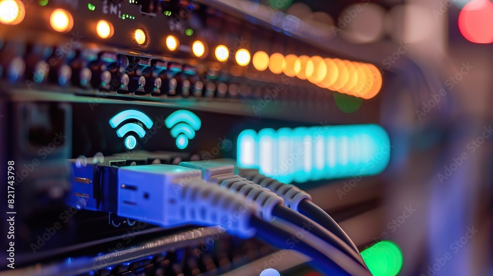 Close-up of a network server with glowing Wi-Fi symbol and connected cables in a server room