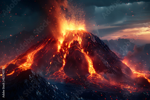 volcano eruption at night natural disaster volcano explosion lava erupts AI