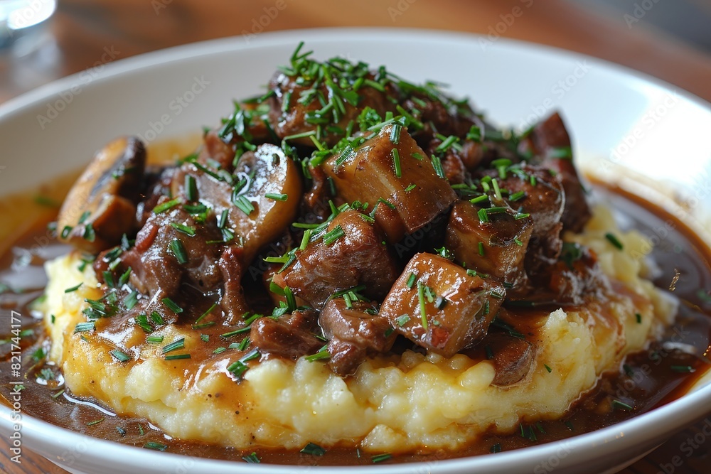 Polenta: Creamy polenta served with a rich meat or mushroom sauce, garnished with fresh herbs. Polenta: Creamy polenta served with a rich meat or mushroom sauce, garnished with fresh herbs.