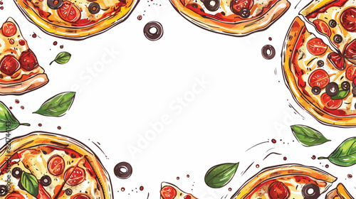 Ad banner with meat and vegetarian pizzas on white background