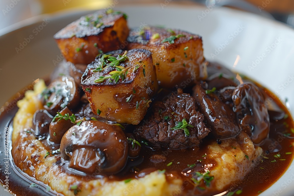 Polenta: Creamy polenta served with a rich meat or mushroom sauce, garnished with fresh herbs. Polenta: Creamy polenta served with a rich meat or mushroom sauce, garnished with fresh herbs.