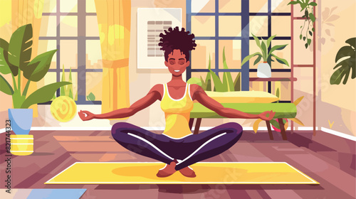 Adorable black skin woman practicing fitness on mat Vector