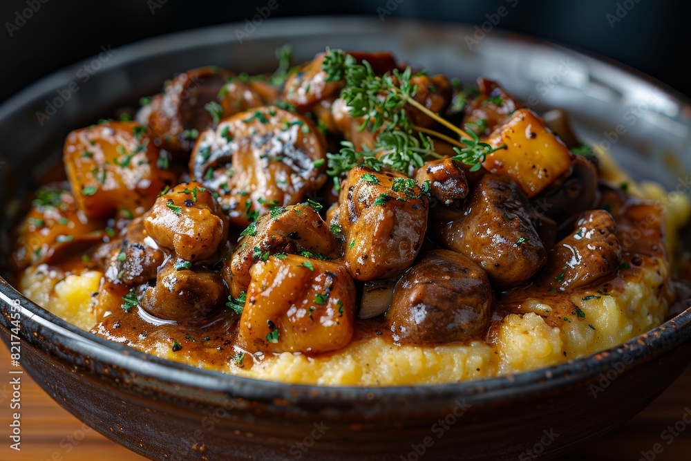 Polenta: Creamy polenta served with a rich meat or mushroom sauce, garnished with fresh herbs. Polenta: Creamy polenta served with a rich meat or mushroom sauce, garnished with fresh herbs.