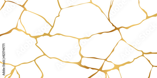 Gold kintsugi crack repair marble texture vector illustration isolated on white background. Broken foil marble pattern with golden dry cracks. Wedding card, cover or pattern Japanese motif background.