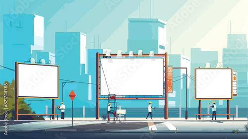 Advertising billboards installation on city street. white © Tech