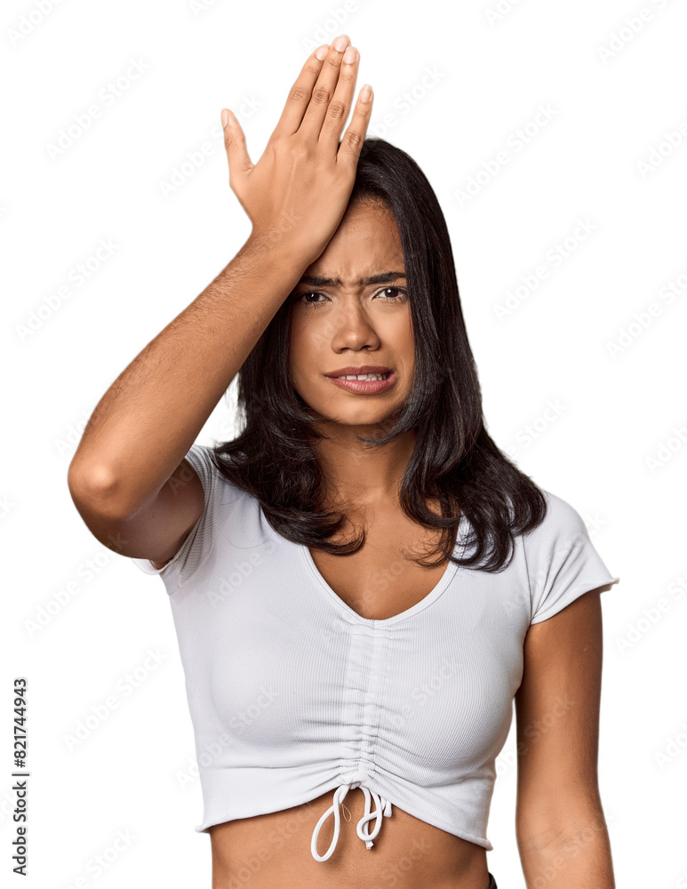 Young filipino woman forgetting something, slapping forehead with palm and closing eyes.