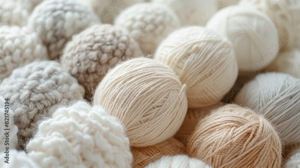 Collection of soft yarn balls in various shades of white and beige showcasing different textures perfect for knitting and crochet projects creating a warm and cozy crafting atmosphere. Generative Ai Collection of soft yarn balls in various shades of white and beige showcasing different textures perfect for knitting and crochet projects creating a warm and cozy crafting atmosphere. Generative Ai