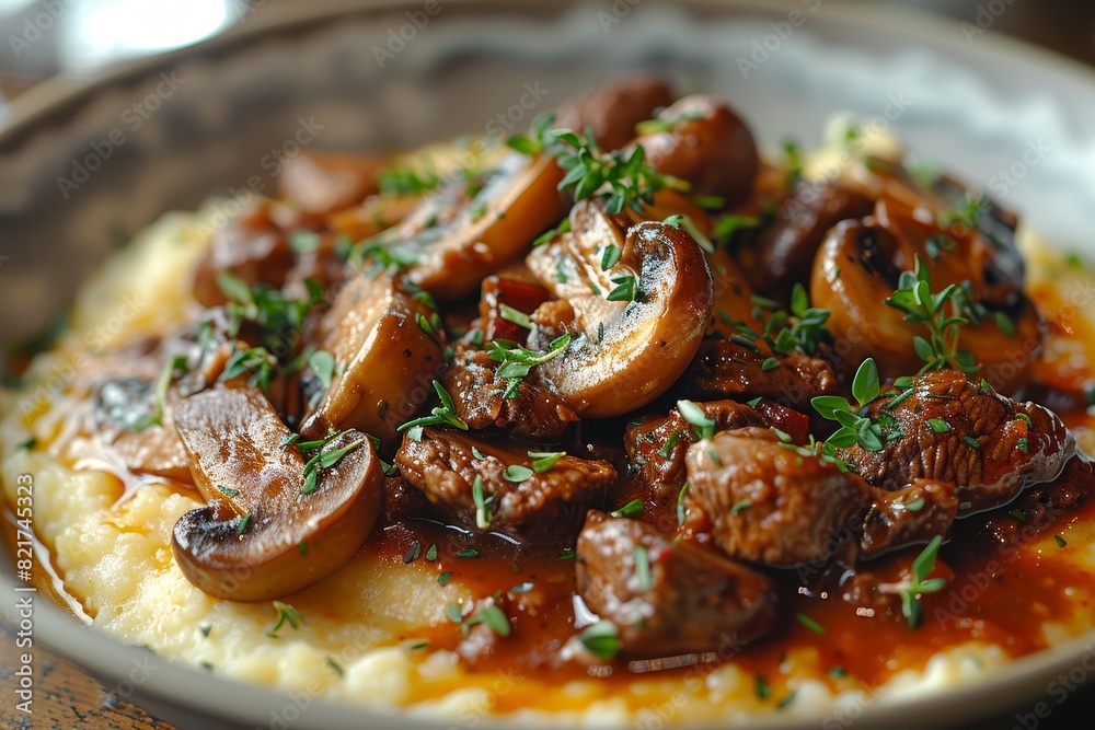 Polenta: Creamy polenta served with a rich meat or mushroom sauce, garnished with fresh herbs. Polenta: Creamy polenta served with a rich meat or mushroom sauce, garnished with fresh herbs.