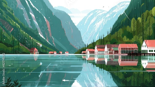   A painting of a serene lake surrounded by houses, set against the majestic backdrop of a snow-capped mountain range photo