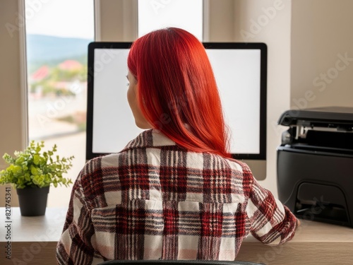 computer screen, in a modern home office setup, with a large white framed window behind her and a desktop printer to the right side, with natural light, shot from a back angle photo