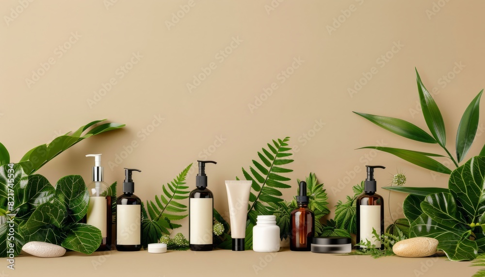 Natural skincare products arranged with plants on a neutral background, focusing on organic and aesthetic presentation Natural skincare products arranged with plants on a neutral background, focusing on organic and aesthetic presentation