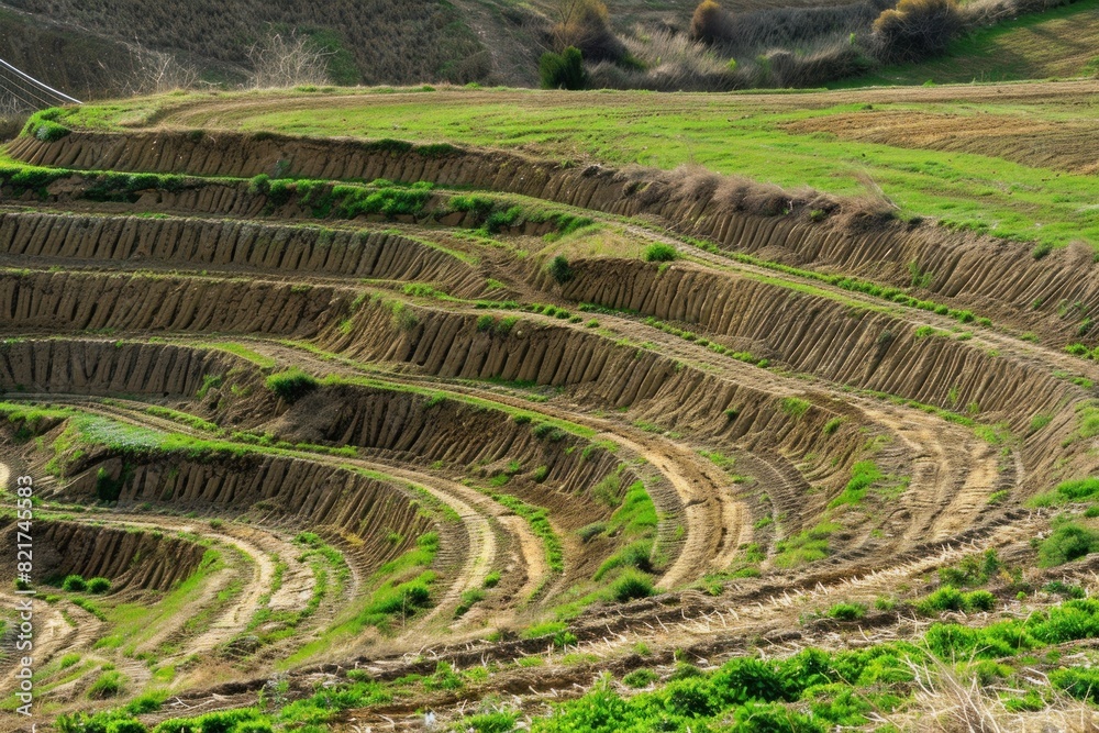 Terraced agricultural landscape on a hillside, showing intricate patterns of soil and young crops, highlighting sustainable farming practices.