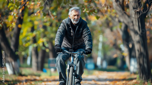 Active elderly man riding a bicycle in a park. This plot illustrates a healthy lifestyle and active longevity. © Yuriy Maslov