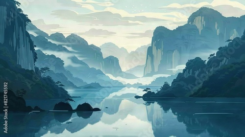   A painting of a river set against towering mountains and a cloud-filled sky dominates the centerpiece photo