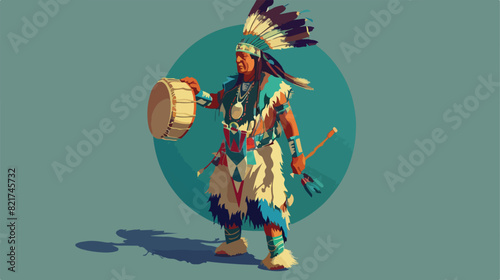 American Indian wearing bearskin and ethnic clothes b photo