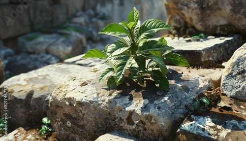A resilient green plant grows amidst ancient stones near the Colosseum, illustrating the enduring nature of flora against historical backdrops